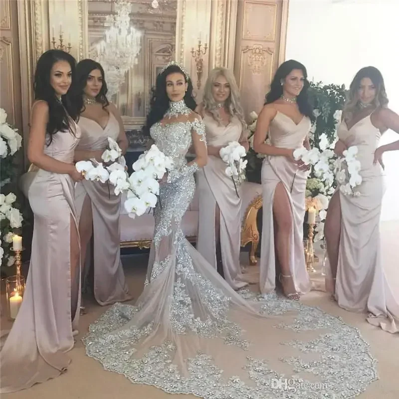 

Customized Mermaid Wedding Dress Sexy Sheer Bling Beads Lace Applique High Neck Illusion Long Sleeve Champagne Trumpet Bridal Go