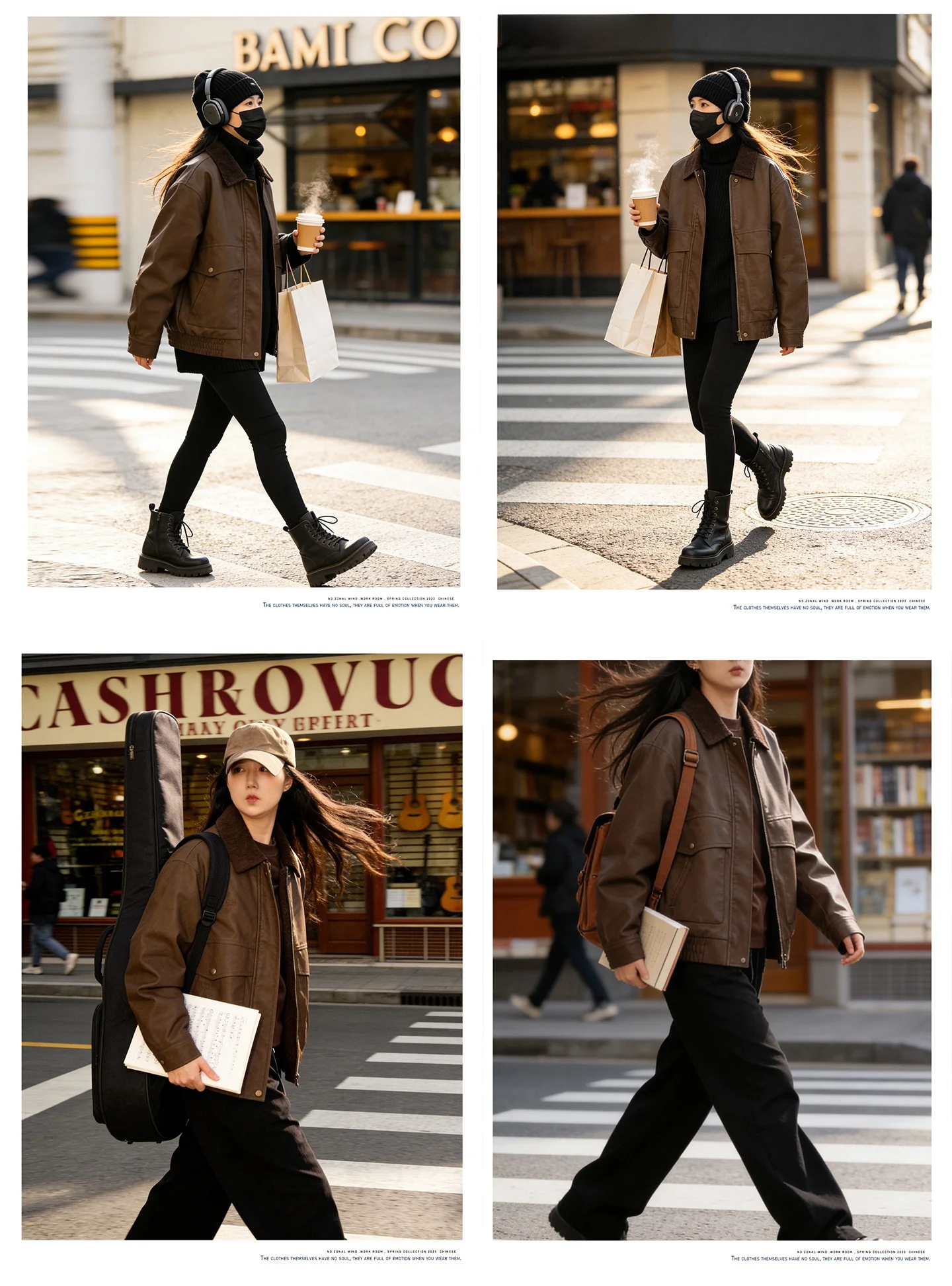 เสื้อแจ็คเก็ตหนัง PU สไตล์เรโทร คอปก สีน้ำตาล สำหรับผู้ชายและผู้หญิง สไตล์วินเทจ แนวกลางๆ  แขนยาว ปิดซิป