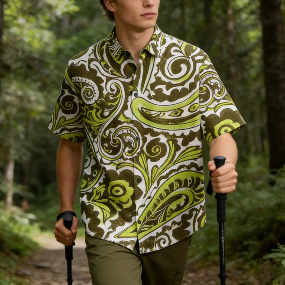 

Мужская рубашка с принтом пейсли и коротким рукавом на пуговицах в винтажном стиле, рубашка с воротником в стиле бохо, летний пляжный топ в богемном стиле, уличная одежда