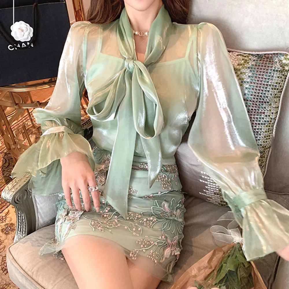 Elegant Skirt Set Women's Spring Summer Green Gauze Court Style Bow Long Sleeve Shirt + Flower Embroidered Skirt Two Piece Suit