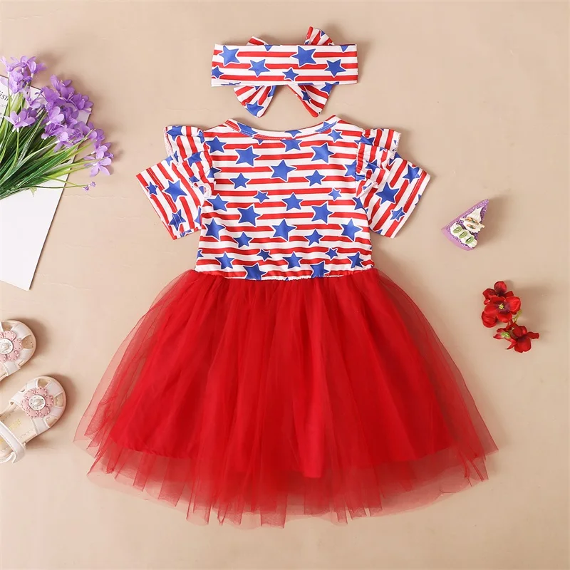 

Patriotic Celebration Red White Blue Star Print Sleeveless Dress Matching Hair Bow for Girls Independence Day