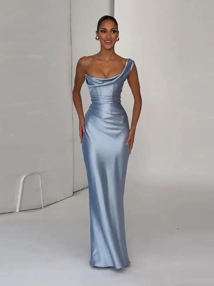 Einschultriges Satin-Maxikleid für Damen mit Wasserfallausschnitt und geraffter Taille, figurbetontes Kleid für Sommer 2026, formelles Abendkleid für Damen, Partykleid