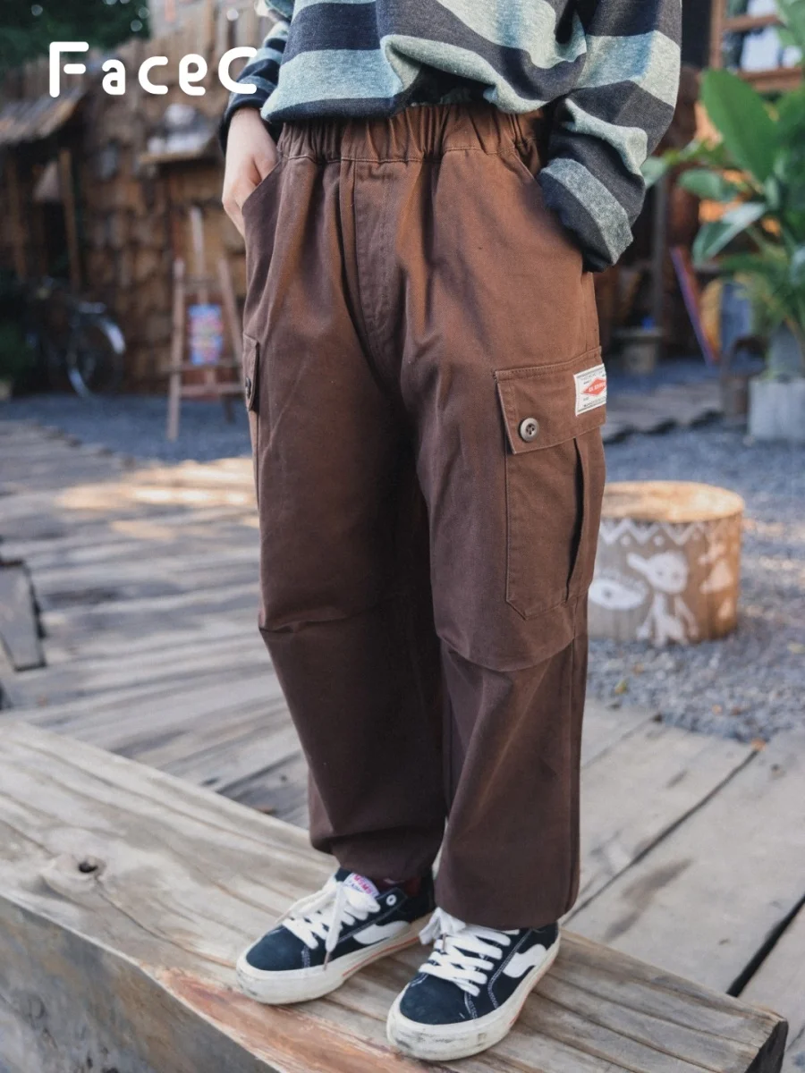 Outdoor Boys Work Pants Pure Cotton Trousers Spring Autumn New Style Loose Wear Resistant Elastic Waist Kids Clothing