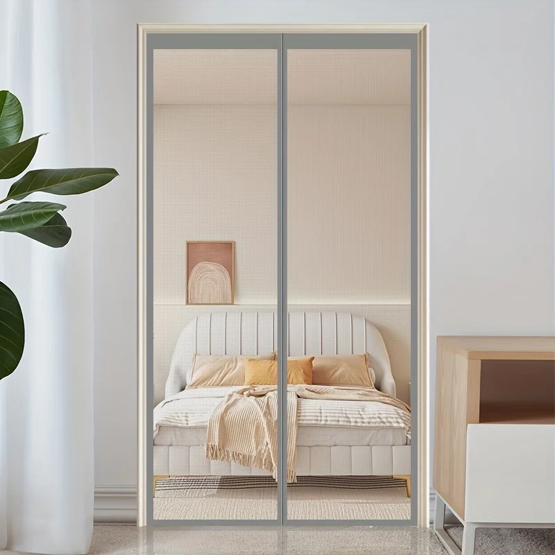 Magnetic mesh door curtain with automatic closing function - gray, breathable polyester fiber, preventing insects from entering