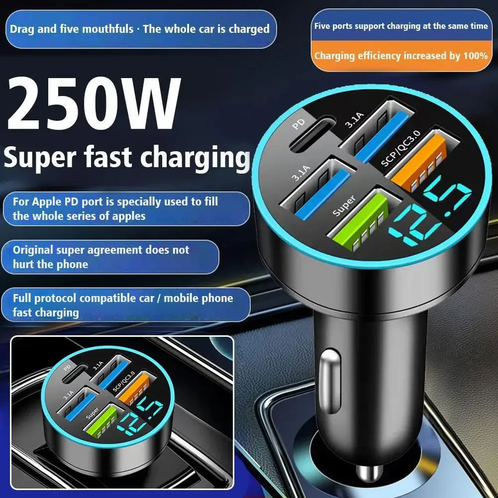 250W PD Autolader QC3.0 Snel opladen Eén tot zes sigarettenaansteker in de auto 5-poorts autolader Flash Charge met digitaal display