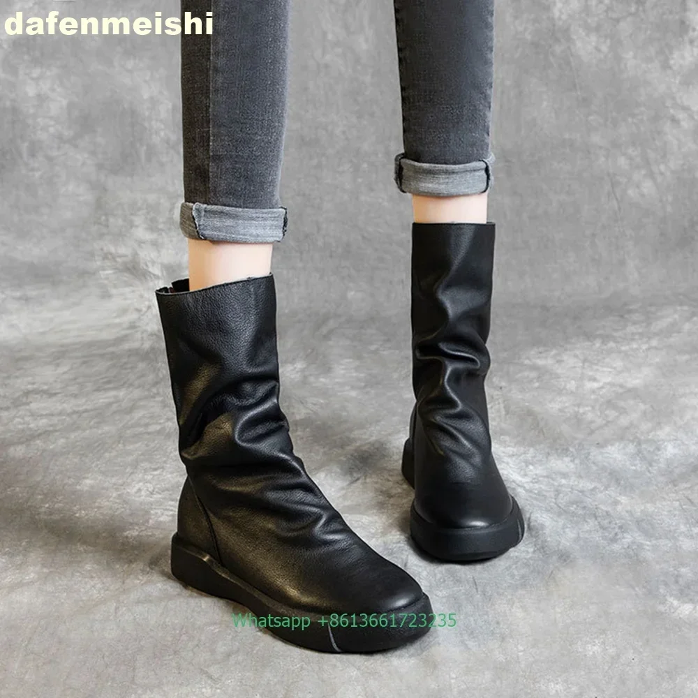 2025 Winter Warme Fleece Mode Laarzen Zwart/bruin Koeienhuid Platform Terug Rits Laarzen Ronde Neus Effen Kleur Dames Halfhoge Laarzen