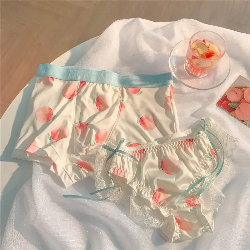 Couple Underwear Women Men's Boxers Panties Boy Girls Cute Cartoon Peach Female Panties Lingerie Lovers Women Brie Culotte Lace