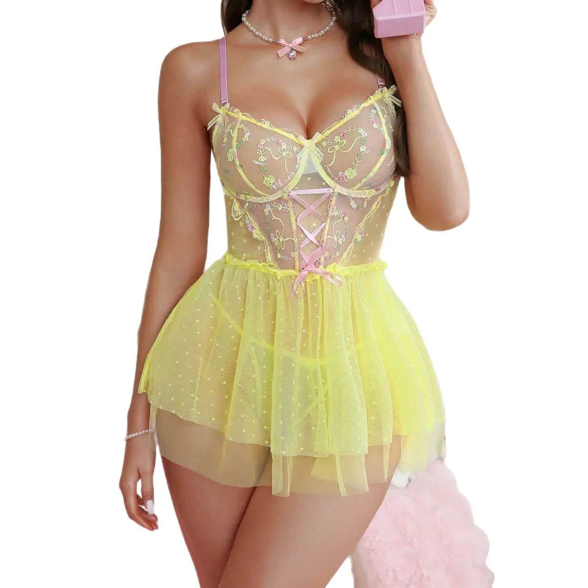 

Floral Lace Nightgown See Through Embroidery Sexy Bra Nightgown Sleepwear Bondage Dress Erotic Lingerie Porno Costume