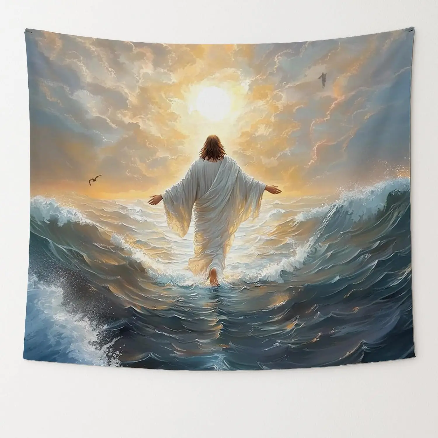 Inspirational Jesus Walking Through Waves Tapestry Wall Decor Religious Biblical Christ Spiritual Ocean Scene Art for Home Bedro