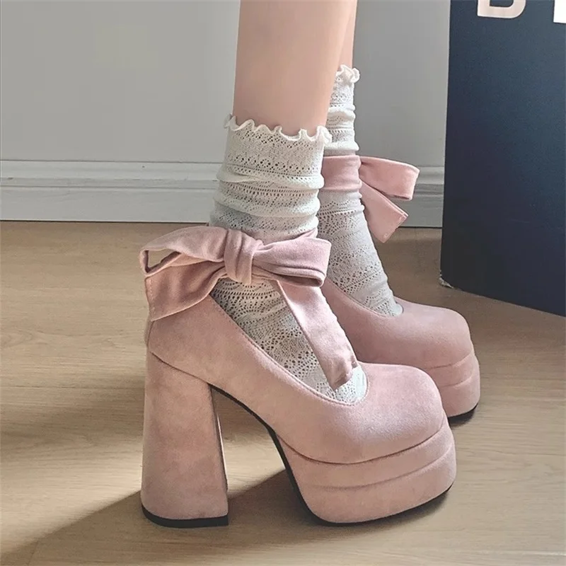 Luxury Suede High Heels Women Designer Platform Mary Jane Shoes Fashion Cross Strap Ladies Elegant Vintage Shallow Pumps Shoes