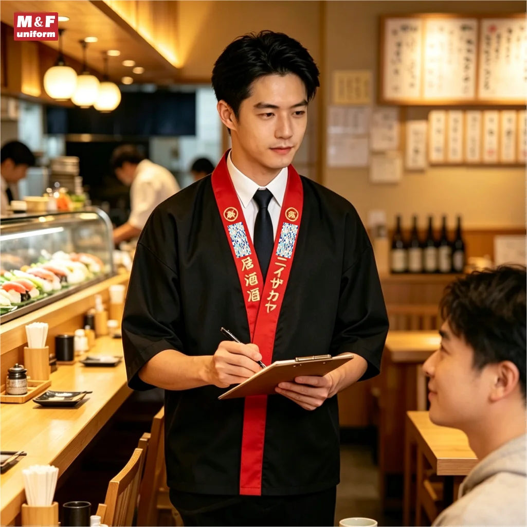 Japanese izakaya top, black paired with red clothing, Japanese restaurant unsex workwear, embroidered collar, Japanese design