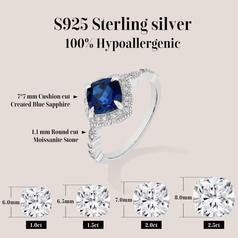 MINTYBOX Cushion Cut 2CT Lab Sapphire Ring 925 Silver Moissanite Halo Engagement Rings for Women Dainty Anniversary Jewelry Gift