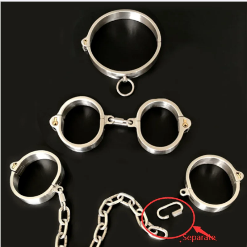 Stainless Steel Lockable Neck Collar Wrist Handcuffs Ankle Cuffs Detachable Buckle Chain Spreader Bar Slave BDSM Bondage Sex Toy