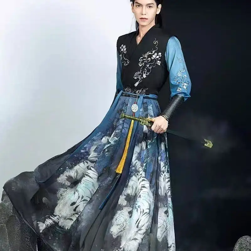 Costume da uomo tradizionale Hanfu blu antico cinese con colletto incrociato ricamato per ragazzi, costume cosplay di arti marziali di Halloween