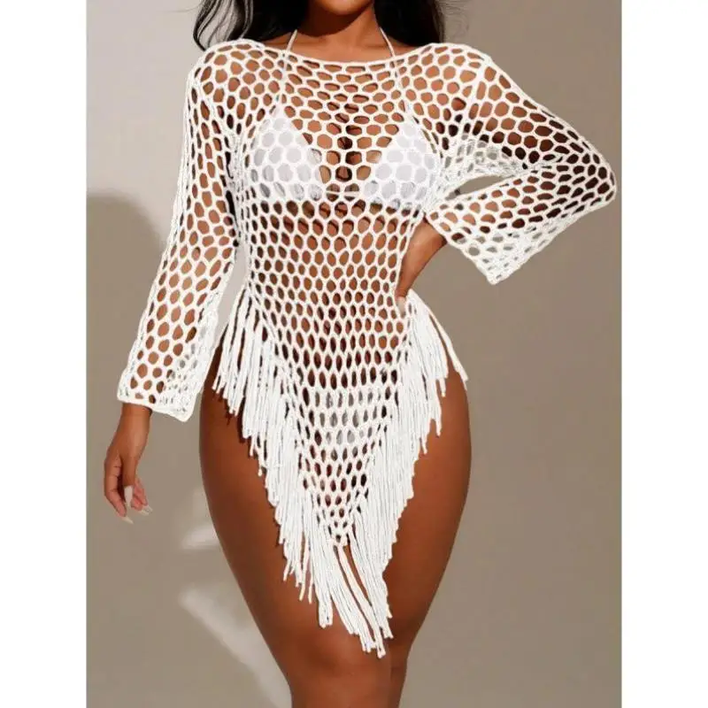 

New B 239 Women's Long Sve Beach Cover up Coat Hollow out Fringe Design Autumn Casual Sport Suit Seven Sve Length
