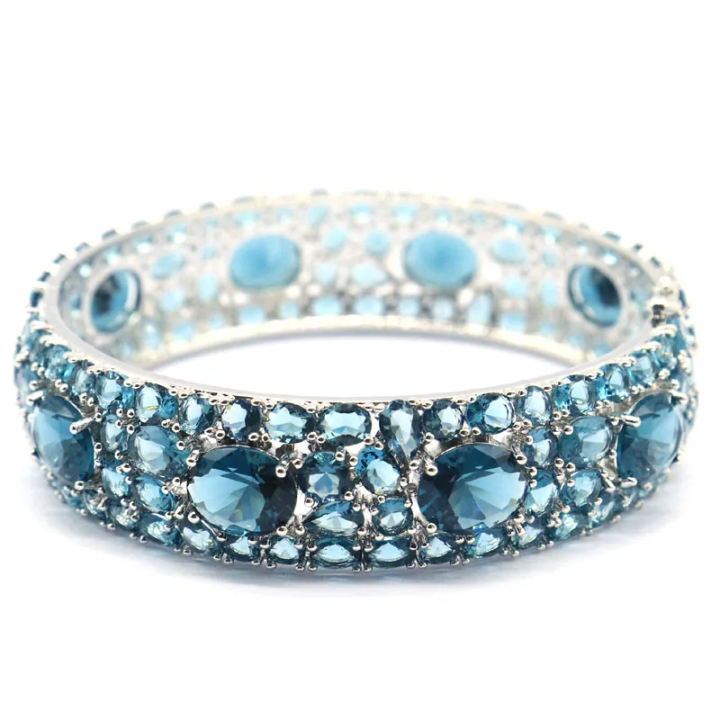 

75x17mm Beautiful 43g Green Emerald London Blue Topaz Woman's Wedding Silver Bangle Bracelet 7.5inch
