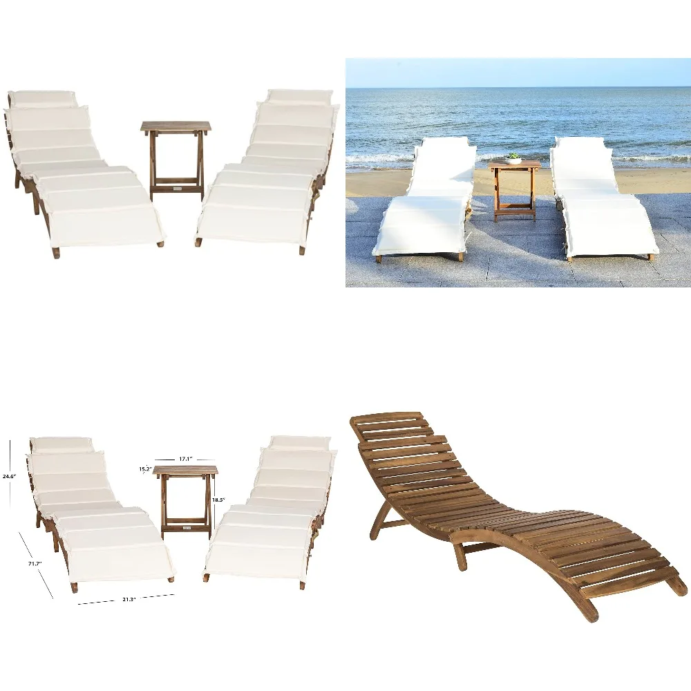 

Natural Brown Solid Wood 3-Piece Chaise Lounge Set with Beige Cushion & Table, Outdoor Patio Furniture, Customized