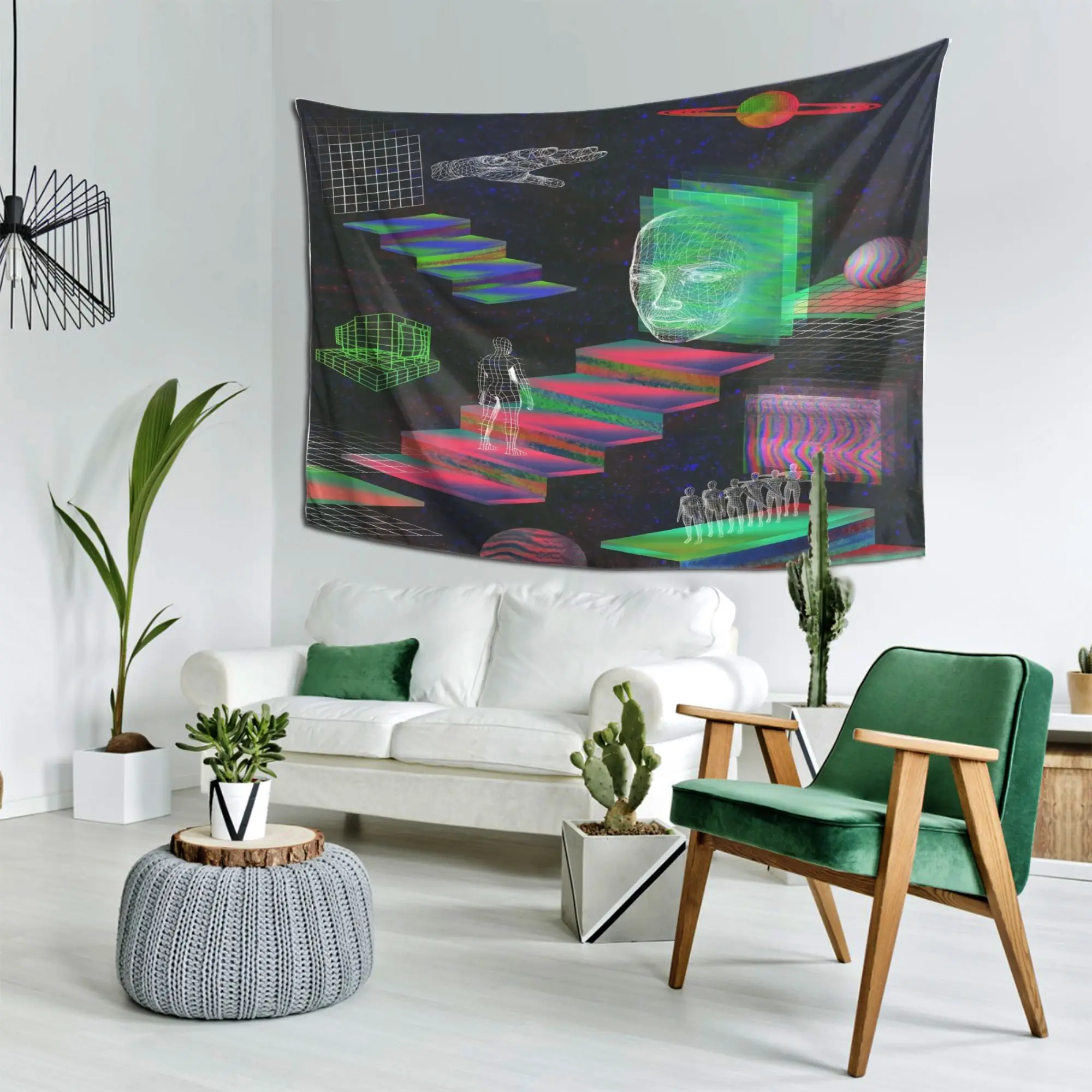 Abstract Retro Neon Glitch Art Digital Steps Tapestry Wall Hanging Futuristic Synthwave Space Cosmic Low Poly Gradient Psychedel