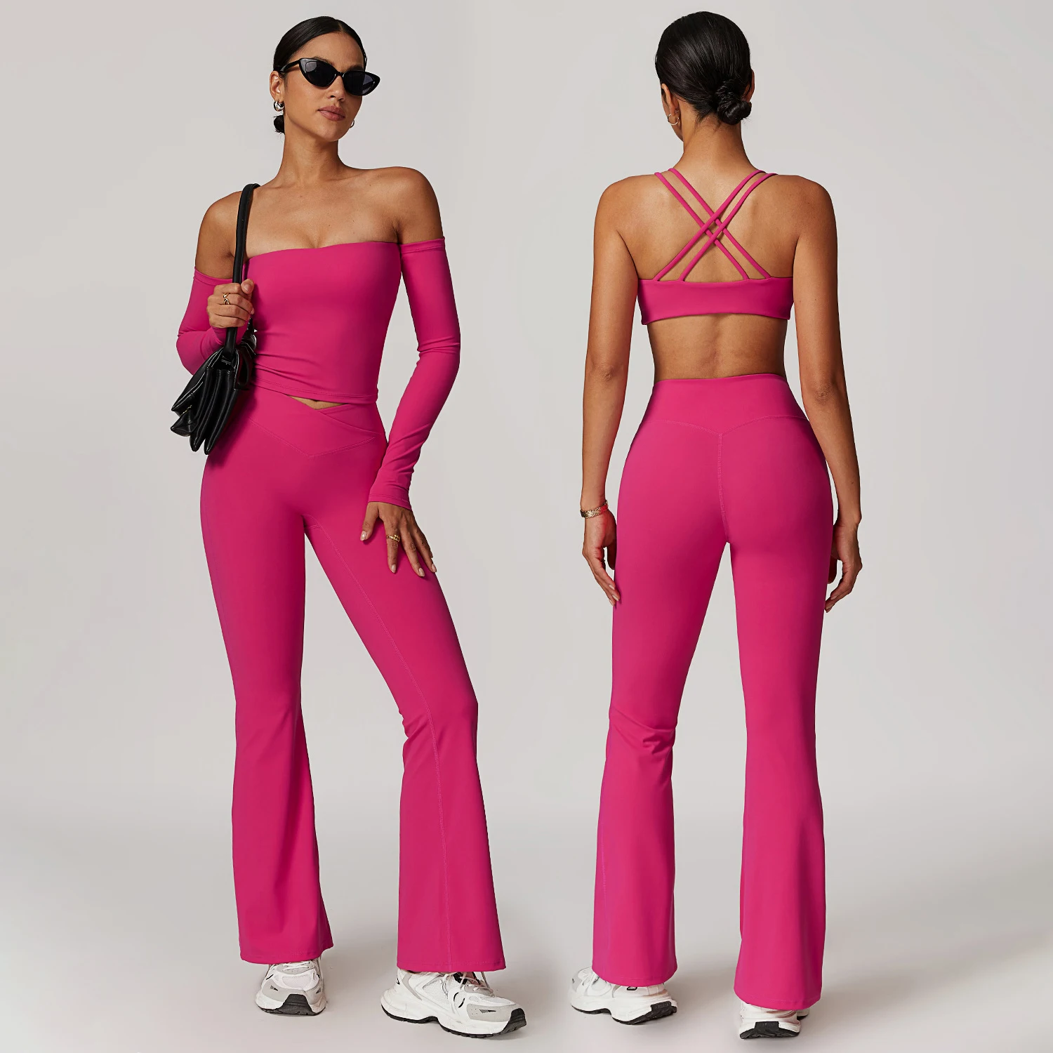 Tight Yoga Suit Women Cross Back Strapless Exercise Flared Pants Set High Waisted Lift Hip Quick Dry Training Fitness Clothing