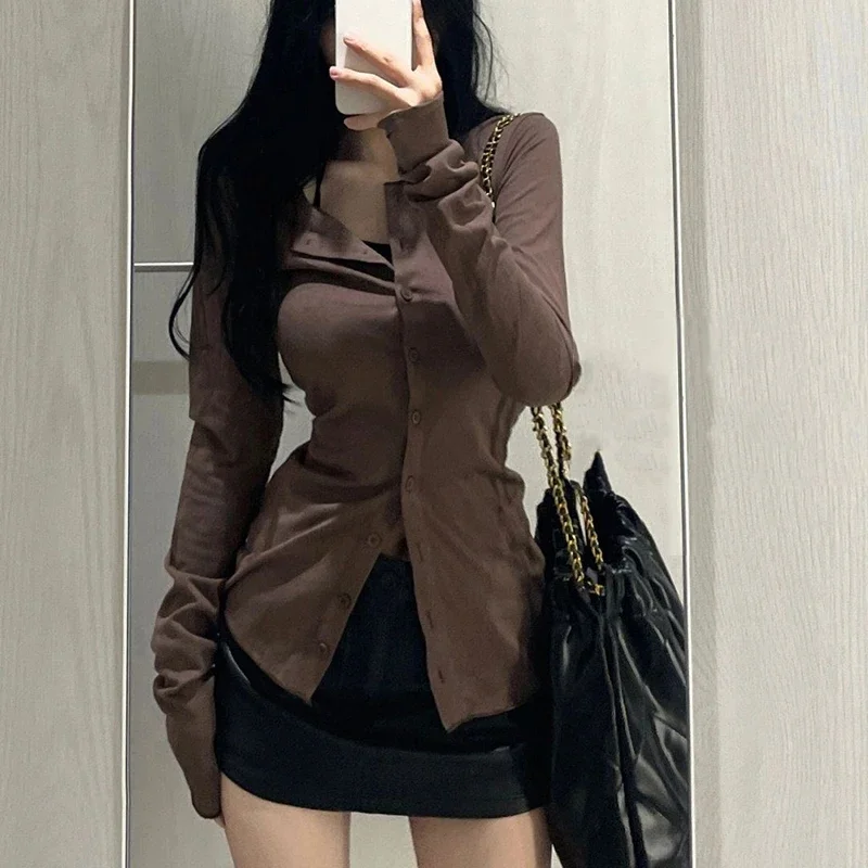 Gidyq Streetwear Women Shirts Korean Fashion Female Slim Fit Long Sleeve Tops Y2K Casual All Match Solid Shirts Autumn New