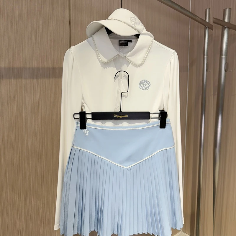 PL Leisure Sports Golf Women's Shirts Spring Fall Long Sleeve Hollow V-Neck Shirts Ladies Pleated Golf Skirt Short Skort