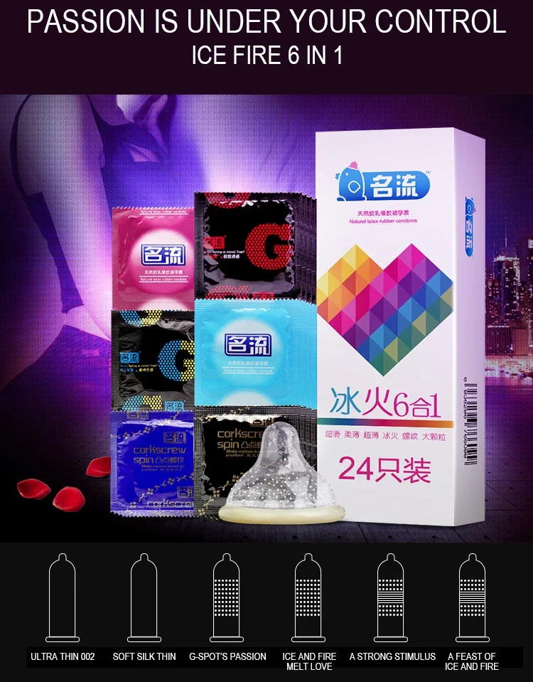 24pcs Mingliu Condoms 6 Types In 1 box Ice Fire safe Sex Condom Mingliu Thin Condoms Mingliu G-spot Condoms Tight Condom