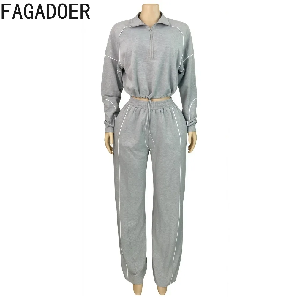 FAGADOER Casual Two Piece Outfits Woman Solid Color Zipper Long Sleeve Crop Top and Pants Matching Suit Female Streetwear New