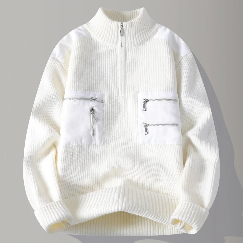 الرجال الفاخرة الخريف الشتاء طويلة الأكمام متماسكة سترة عالية الرقبة سستة جيب الدفء السترة الاتجاه الترفيه الرجال الملابس قمم #1