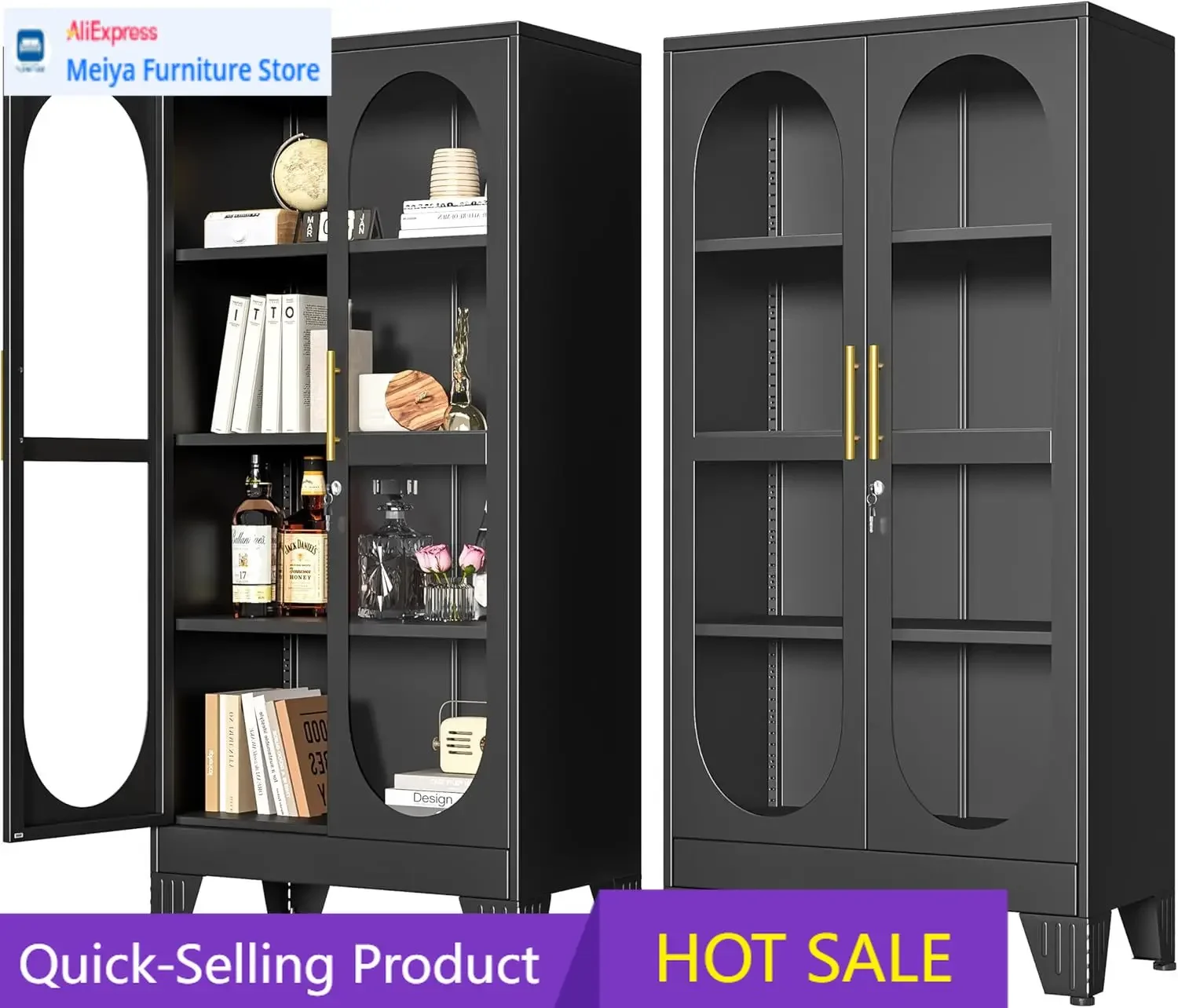 Black Locking Glass Door Display Cabinet 61 Inch Height Adjustable Shelves Metal Storage Case For Living Room Clinic Home Assemb