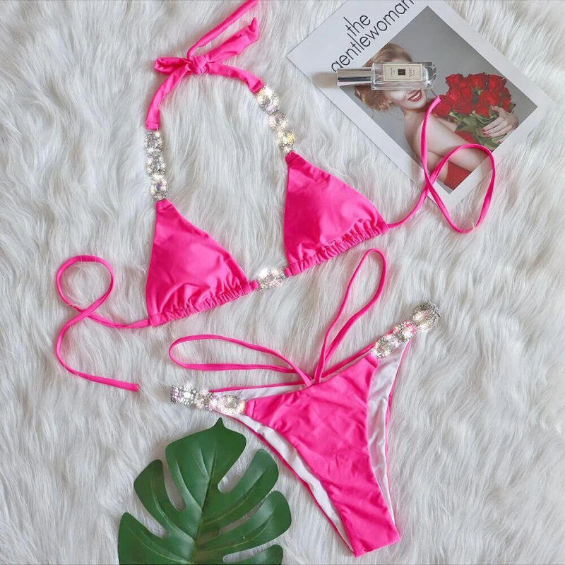 

Bikini Crystal Diamond Two-Piece Swimsuit for Women Solid Color Tie Underwear Set