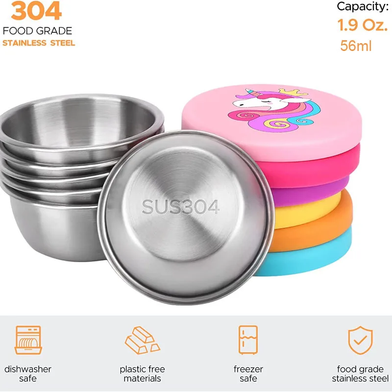 1/6PC Unicorn Salad Dressing Container Stainless Steel 304 Condiment Cup Leak-Proof Silicone Cover Lunch Bento Box Accessories