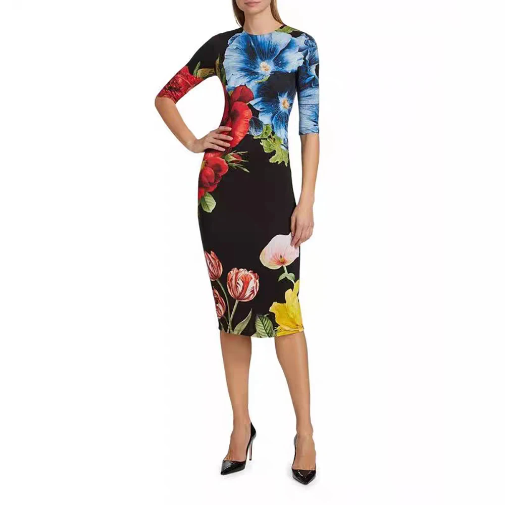 Fashion Floral Printing Women Dress Y2k Temperament Elegant Commuter Round Neck Long Sleeve Long Dresses 2024 Fall / Winter New