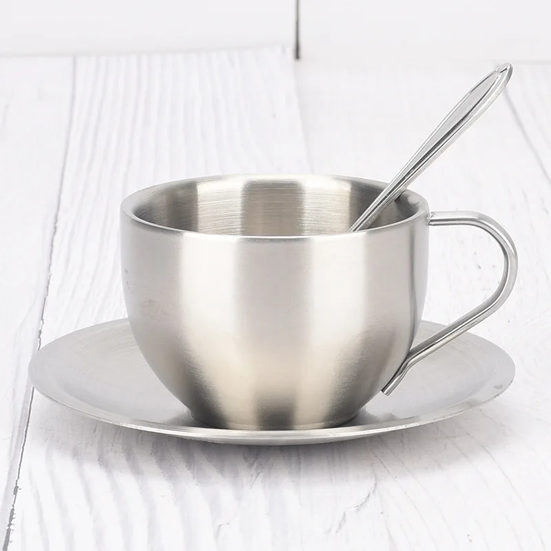 Double-Deck Thermal Insulation Coffee Cups Set Stainless Steel Metal CIQ Milk Mug with Saucer Mat Spoon Tea Cups for Office Use
