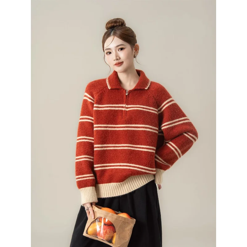

Осенне-зимний корейский контрастный полосатый воротник на молнии, новый свободный пуловер, вязаный свитер, универсальный классический топ