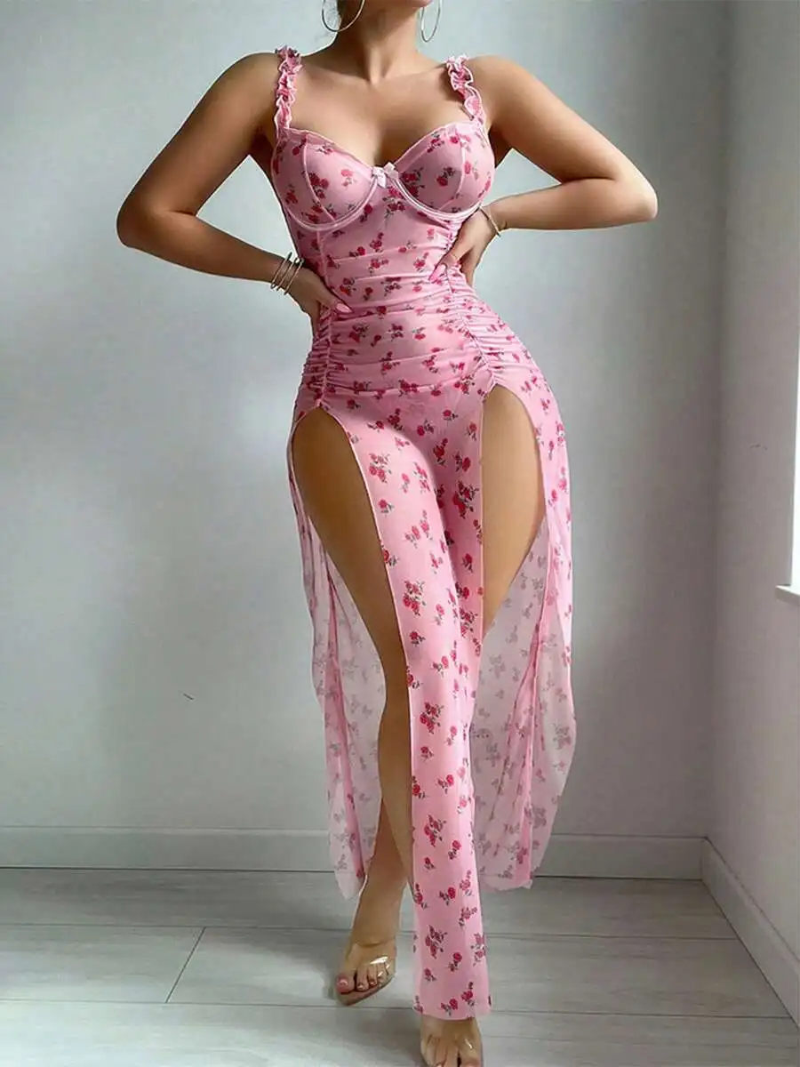 

2 Pcs Womens Semi-Sheer Floral Gauze Long Sleepwear Dress With Ruffle Straps High Slit Underwire Bralette And G-String