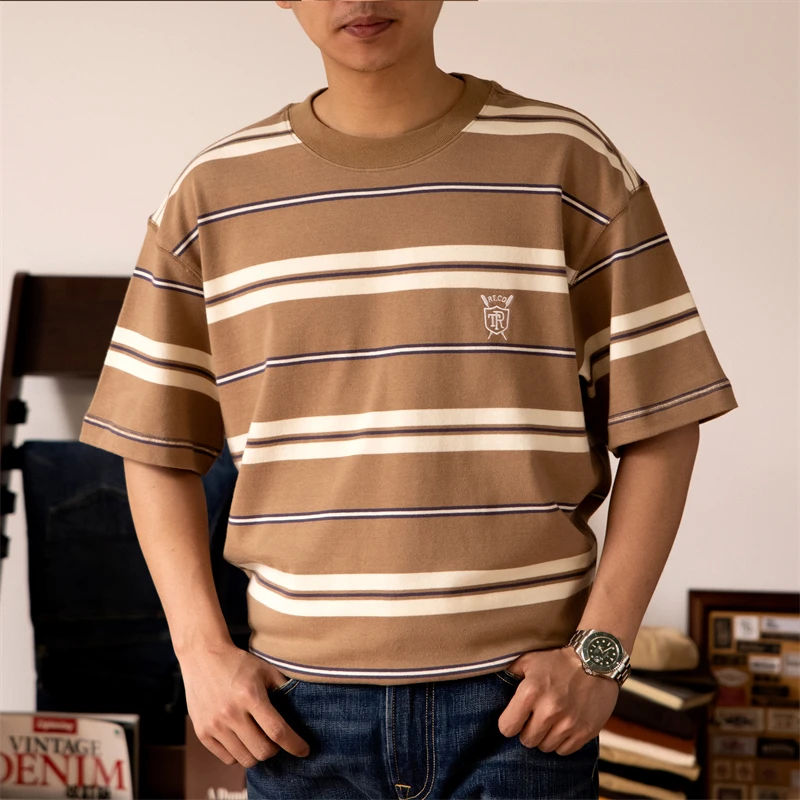 Red Tornado Preppy Fashion Striped T-Shirt Ivy League Style Men Short Sleeve Tee