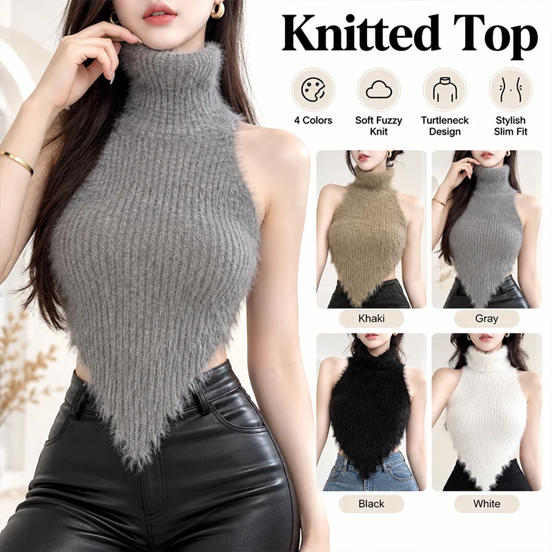 Womens Halter Furry Knitted Turtleneck Sleeveless Tank Top Irregular Cropped Vest Slim Fit Autumn Fashion Camisole