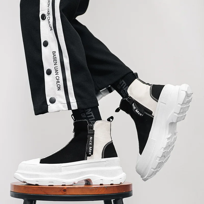 Fashion High-top Thick Soled Boots Shoes for Men Breathable Casual Chelsea Boots Men's Trend Canvass Side Zipper Sneakers Men