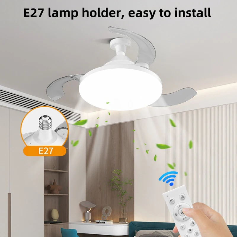 LED Fan Light E27 Base Hanging Invisible Fan Blade Retractable Mute Remote Control Dimmable Living Room Bedroom Study Lighting