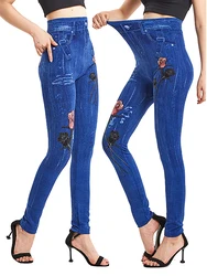 VISNXGI eleganckie ubrania damskie fałszywe Jean rozciągliwe spodnie w rozmiarze Plus wysokiej talii Jegging Casual czerwone nadruk z różą damskie legginsy S-3XL