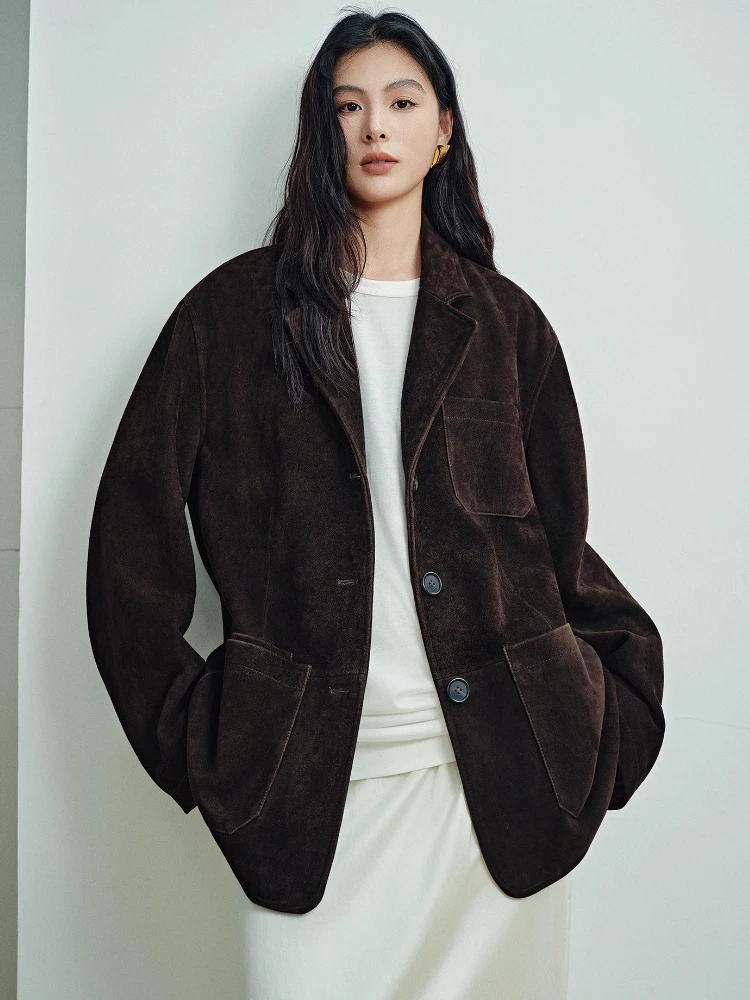 

Vintage Genuine Leather Blazer Jackets for Women Autumn Winter 2026 New High-end Simple Casual Loose Real Sheepskin Suede Coat