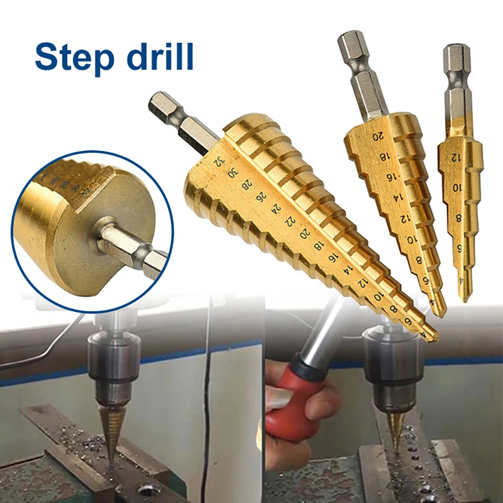 HSS Bit Bor Langkah Titanium 4-12 4-20 4-32Mm Alat Daya Bor Logam Baja Kecepatan Tinggi Set Bit Bor Kerucut Pemotong Lubang Kayu