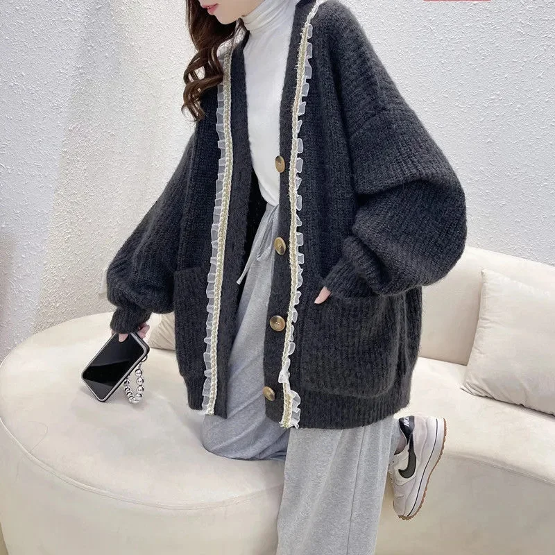 2023 Spring and Autumn New Thickened Thick Thread Knitted Cardigan Sweater Loose Lazy Style Versatile Women Wearing Outer Coat