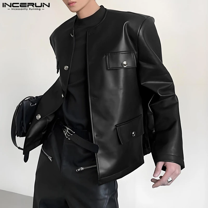 

INCERUN мужские куртки из искусственной кожи, однотонные мужские пальто с круглым вырезом и длинными рукавами, уличная одежда на пуговицах, 2025 г., модные повседневные куртки, верхняя одежда
