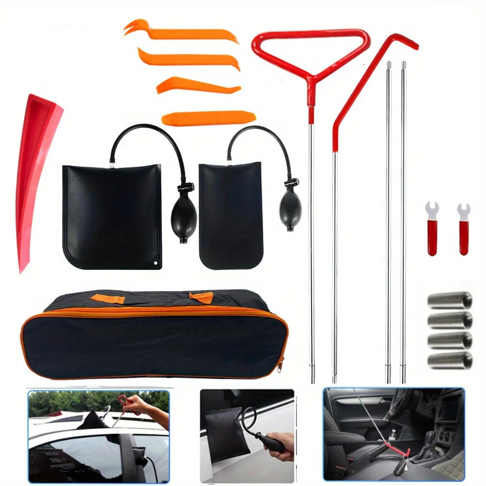 18Pcs Car Tool Car Window Door Key Anti Lost Kit Inflatable Air Pump Air Wedge Non Marring Wedge with Long Reach Grabber for Car