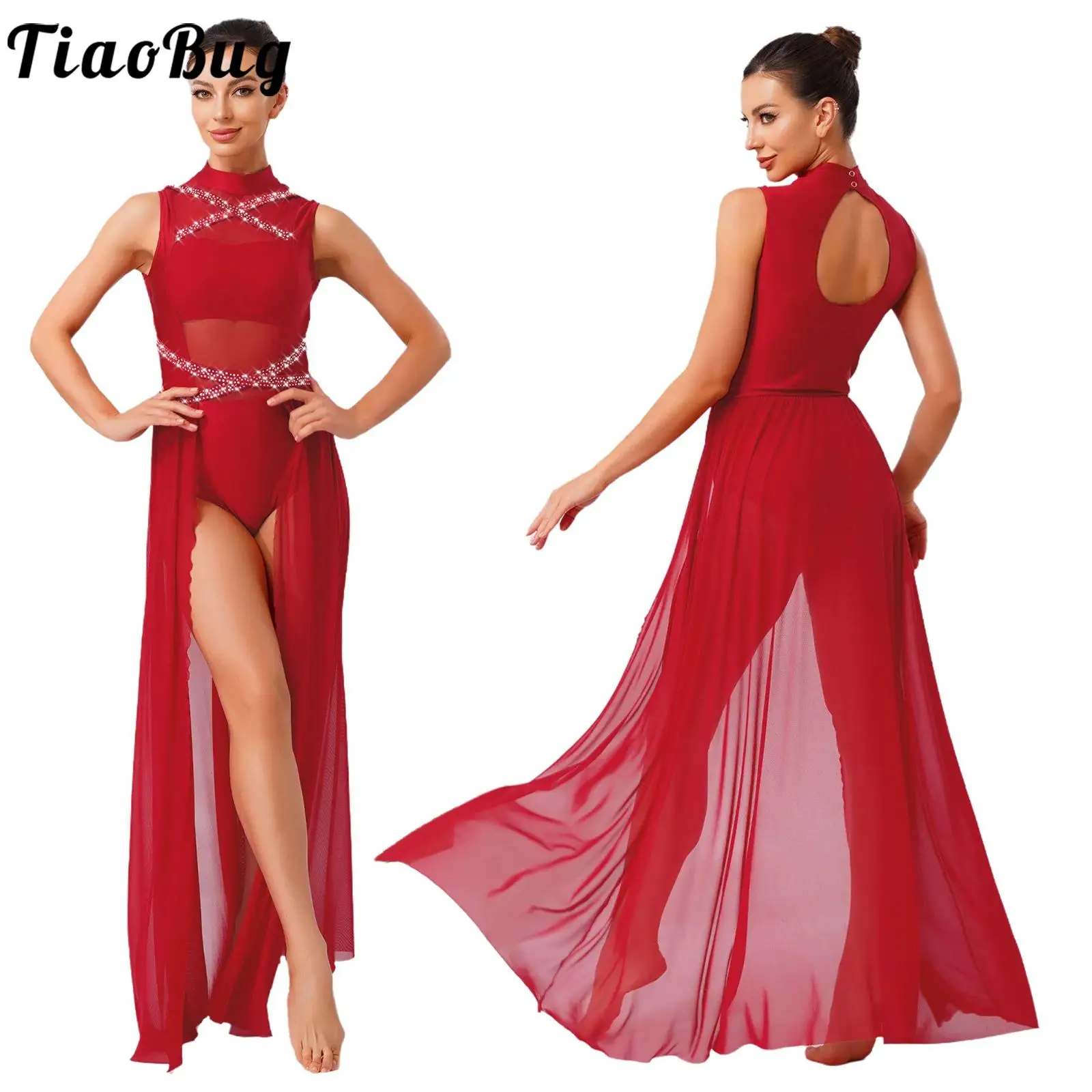 

Women Leotards Ballet Modern Dance Maxi Dress Sleeveless Rhinestones Flowy Split Mesh Dance Dress for Stage Performance Dancing