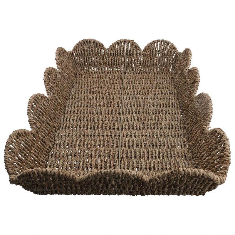 Large Wicker Fan-Shaped Edge Tray, Rectangular Tray, Hand-Woven Fan-Shaped Rattan Tray, Decorative Wicker Tray