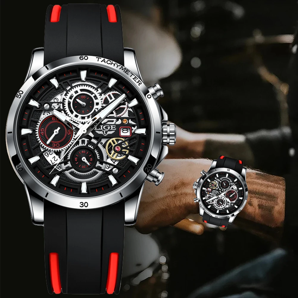 LIGE Mens Watches Brand Luxury Silicone Strap Waterproof Sport Quartz Chronograph Military Watch Men Clock Relogio Masculino+BOX