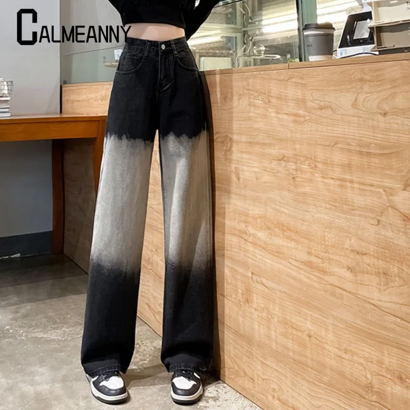 2024 Spring Autumn New Wide-leg jeans gradient meat design feeling bump color high waist mop loose straight tube long pants