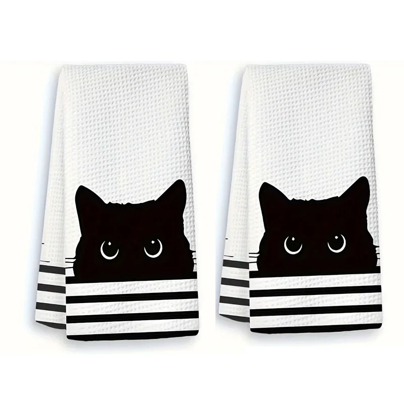2Pcs, Black Cat Hide and Seek Kitchen Towels, 40Cm*60Cm Towel Set, Best Kitchen Towels, Fun Kitchen Towels, Super Absorbent Soft Cleaning Cloth, Cooking and Baking Tea Towels, Hand Towels, Cleaning Cloths, Dishcloths, Kitchen Decor, Living Room Decorations, Kitchen Essentials, Home Essentials